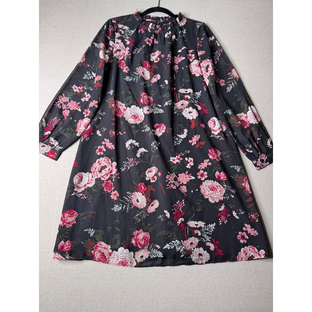Loft Outlet Women Black Pink Floral Ruffle Neck Long Sleeve Shift Dress Size 4 - Picture 2 of 7